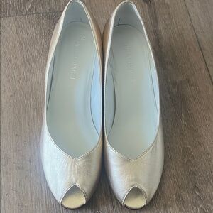NWOT! Bruno Magli Gold Peep-Toe Wedge Heels
